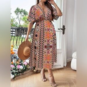 SHEIN Curve Multicolor Geometric Midi Dress Flounce Sleeves 3X